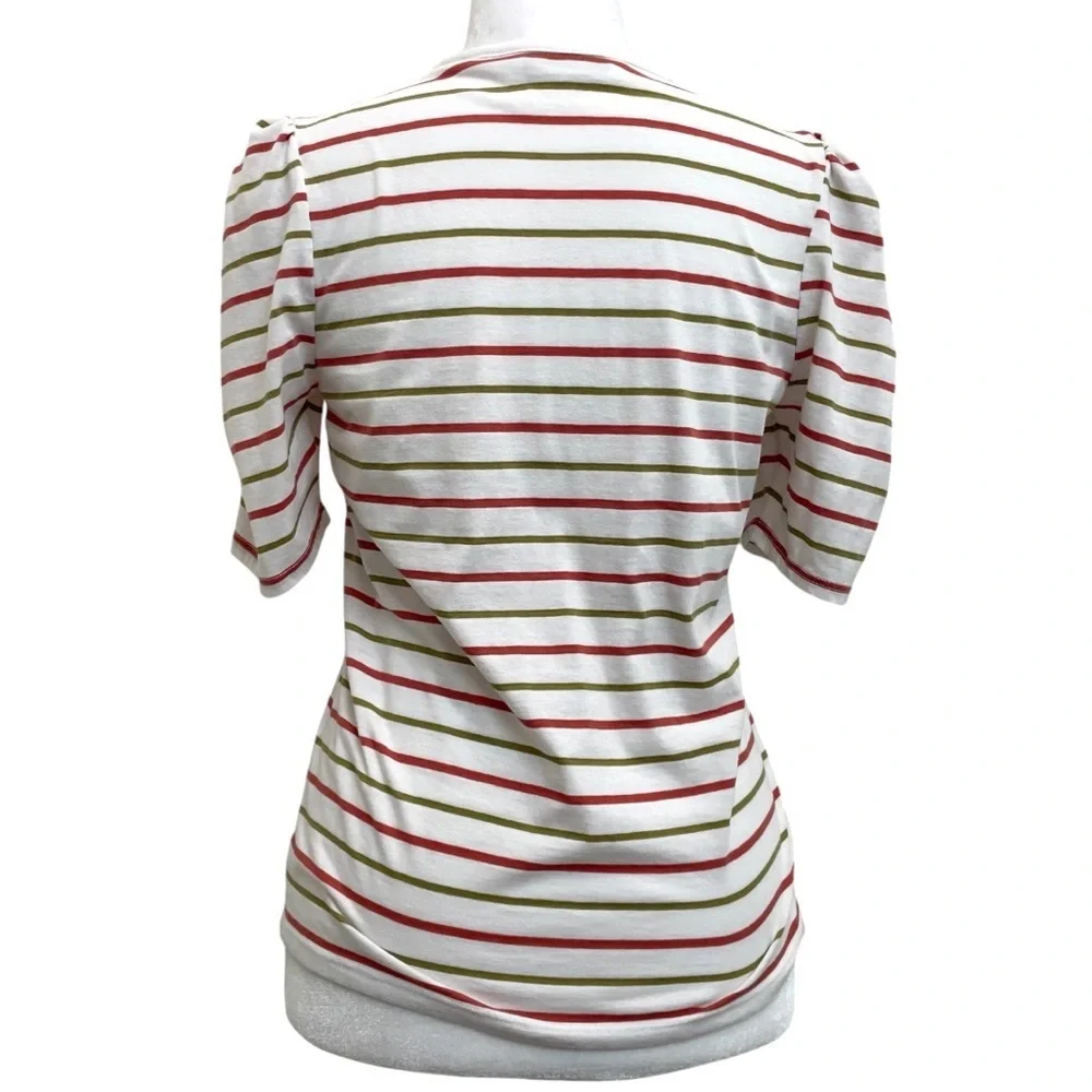Rebecca Taylor A-Line White & Multicolor Striped Puff Sleeve T-Shirt